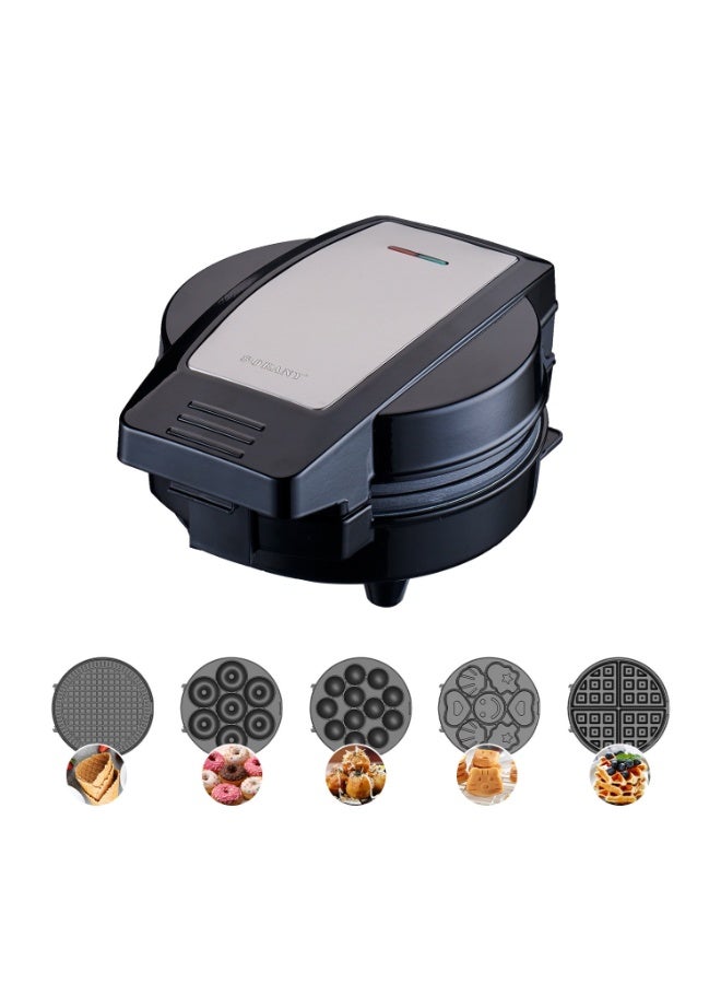 سوكاني جهاز تحضير الوجبات الخفيفة غير اللاصق 5 في 1 مع لوح الوافل ولوح كعك كرتوني ولوح الدونات، قدرة 600 واط، موديل SK-08105، باللون الأسود - Image 1